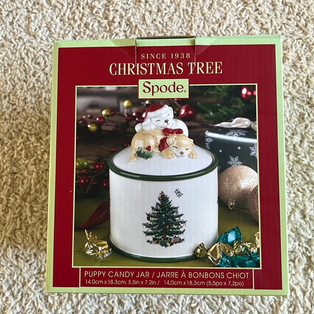 Christmas tree Spode. Puppy candy jar, size measurements in the box.